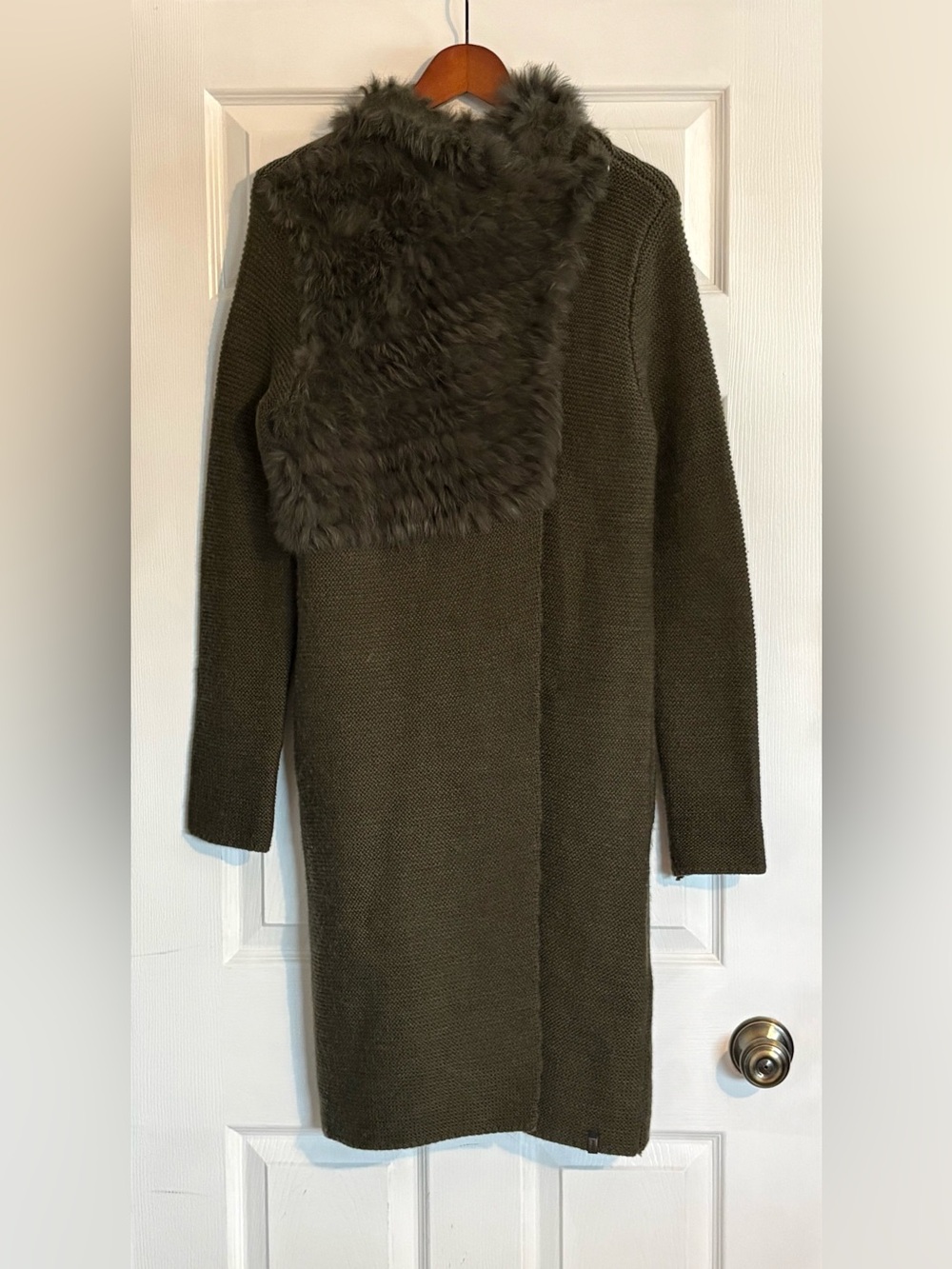 RUDSAK Olive Green Knit Longline Cardigan Real Fur Hood Duster Size Medium - Picture 2 of 16
